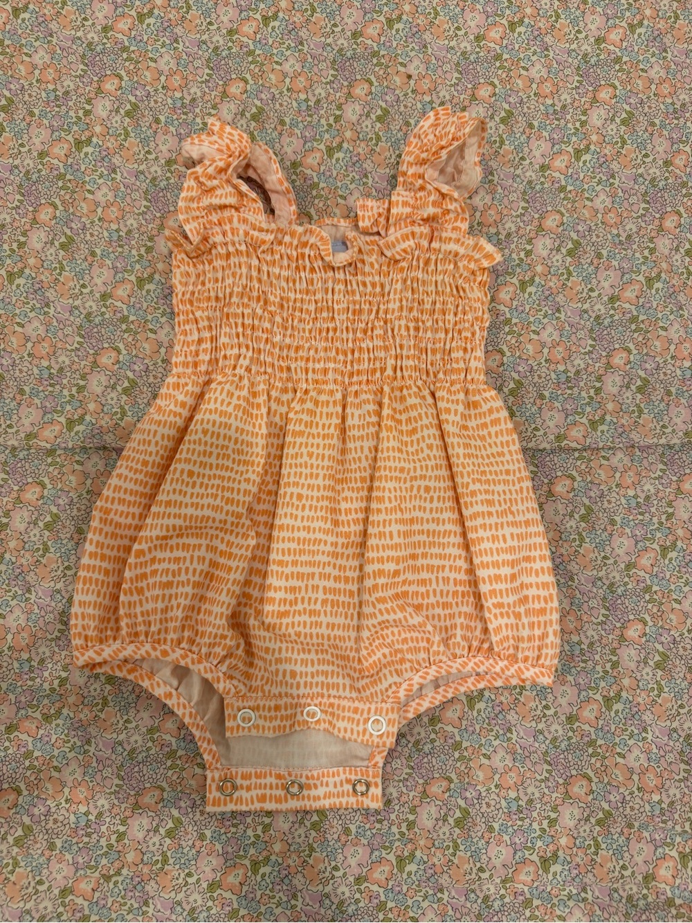 Bella Bliss Smocked Orange Baby Romper with Ruffle Straps